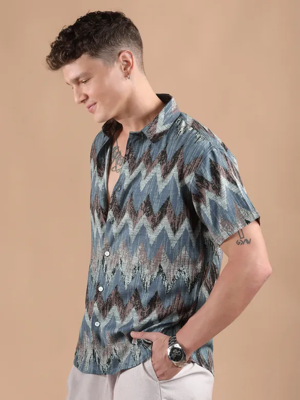 Blue Chevron Half Sleeve Viscose Shirt